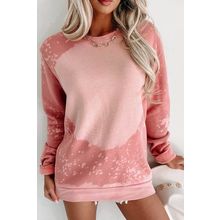 Pink Bleached Round Neck Pullover Sweatshirt