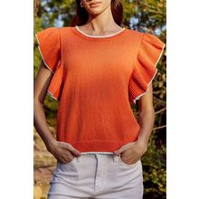 Russet Orange Contrast Trim Ruffle Sleeve Knitted Top