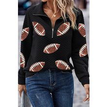 Black Sequin Rugby Football Patched Quarter Zip Textured Sweatshirt