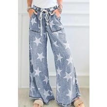 Light Blue Star Print Light Wash Drawstring High Waist Wide Leg Jeans
