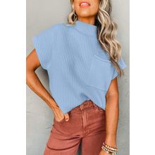 Beau Blue Patch Pocket Ribbed Knit Short Sleeve Sweater