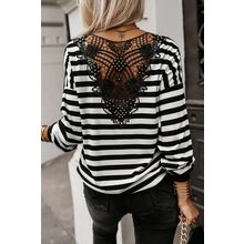 Black Stripe Crochet Hollow-out Back Buttoned Shoulder V Neck Top
