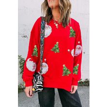 Red Santa Claus Christmas Tree Patched Pattern Drop Shoulder Sweatshirt