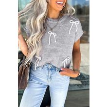 Light Grey Bowknot Applique Cap Sleeve Sweater
