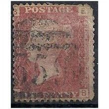 1858 SG43 1d Red Plate 213 Good Used (rounded corner perf) Check Letters "EB".