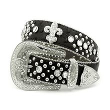 Belt - Rhinestone Split Leather Belt - Ostrich Embossed w/ Fleur De Lis Charm...