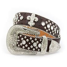 Belt - Rhinestone Split Leather Belt - Ostrich Embossed w/ Fleur De Lis Charm...