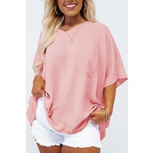 Pink Textured Half Sleeve V Neck Plus Size T Shirt with Chest Pocket
