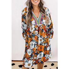 Orange Floral Print Striped Lace V Neck Long Sleeve Mini Dress