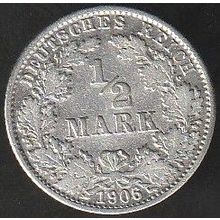 1906 G Germany 1 Half Mark Silver Coin