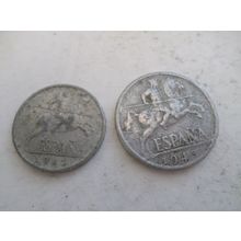 Spain - 2 different coins - dated 1945 - cinco and diez cents