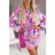 Purple Floral Keyhole Back Long Sleeve Belted Dress