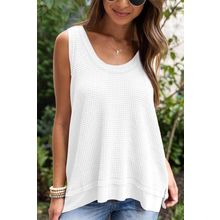 White Scoop Neck Waffle Knit Flowy Vest