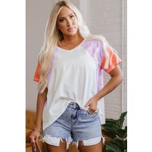 Beige Colorblock Patchwork V Neck Exposed Seam High Low T Shirt
