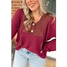 Racing Red Waffle Patchwork Drop Shoulder Hooded Long Sleeve Top