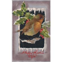 ED 211 HAPPY CHRISTMAS EMBOSSED POSTCARD. HOLLY/BIRD