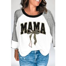 Black MAMA Leopard Bow Print Contrast Sleeves Loose Top