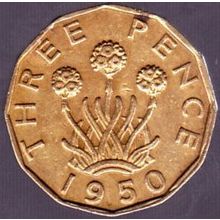 1950 Great Britain 3 Pence Coin Brass