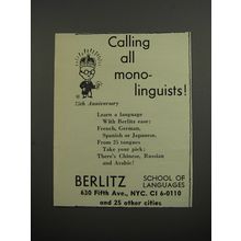 1953 Berlitz School of Languages Ad - Calling all mono-linguists!