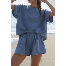Light Blue Denim Cuffed Sleeve Tee Elastic Shorts Set