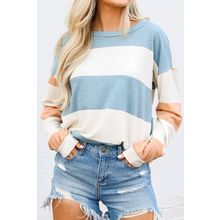 Light Blue Colorblock Striped Drop Shoulder Long Sleeve Top