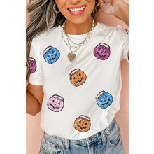 White Sequin Pumpkin Face Patched Crew Neck Holiday T Shirt