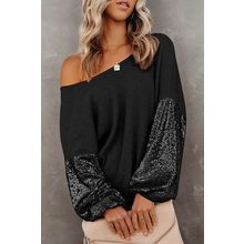 Black Sequin Patchwork Sleeve Open Back Waffle Knit Top