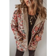 Beige Vintage Paisley Floral Printed Sherpa Lined Hooded Jacket