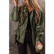 Moss Green Snap Button Zipper Tight Waist Collared Jacket