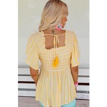 Yellow Striped Print Smocked Flowy Blouse