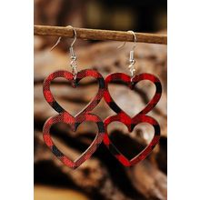 Fiery Red Valentines Day Plaid Double Love Heart Wooden Earrings
