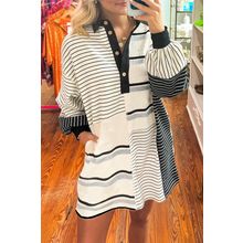 Black Stripe Colorblock Knit Henley Collar Shift Long Sleeve Mini Dress