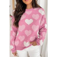 Pink Pearled Heart Print Valentines Crew Neck Sweater