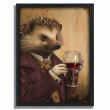 Hedgehog in Dapper Suit Sipping Red Wine Vintage Anthropomorphic Animal Wall Art