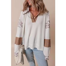 White Leopard Patchwork Turn-down Collar Waffle Top