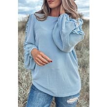 Mist Blue Corded Frilly Puff Sleeve Round Neck Blouse