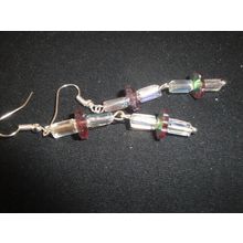 Imaginative treated purple flower & small pillar crystal glass swing earrings