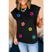Black Shiny Flower Graphic Studded Cap Sleeve T Shirt