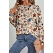 Khaki Floral Print Loose Crew Neck Long Sleeve T Shirt