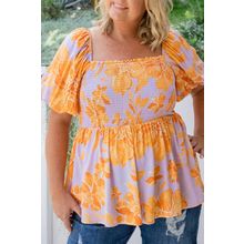 Purple Floral Puff Sleeve Square Neck Smocked Plus Size Babydoll Blouse