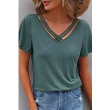 Mist Green Crisscross V Neck Butterfly Sleeve T Shirt