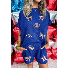 Sky Blue Flag Pattern Sequined Bows Donuts Loose 2pcs Shorts Set