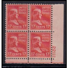 822 17c Andrew Johnson Fine MDG Plt/4 LR 22111 KA9541