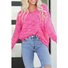 Dark Pink Colorful Spots Knitted V Neck Casual Sweater