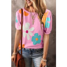 Pink Flower Print Bubble Sleeve Tee