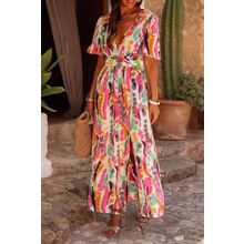 Pink Boho Tie-dye Print V Neck Maxi Dress