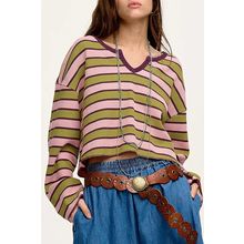 Spinach Green Clashing Stripes Waffle Texture Notched Neck Long Sleeve Top
