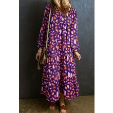 Blue Petal Collared Tiered Flowy Long Dress