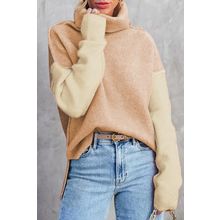 Pale Chestnut Color Block Turtle Neck Drop Shoulder Knit Sweater