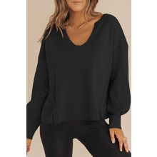 Black Waffle Knit Notched V Neck Drop Shoulder Solid Sweatshirt